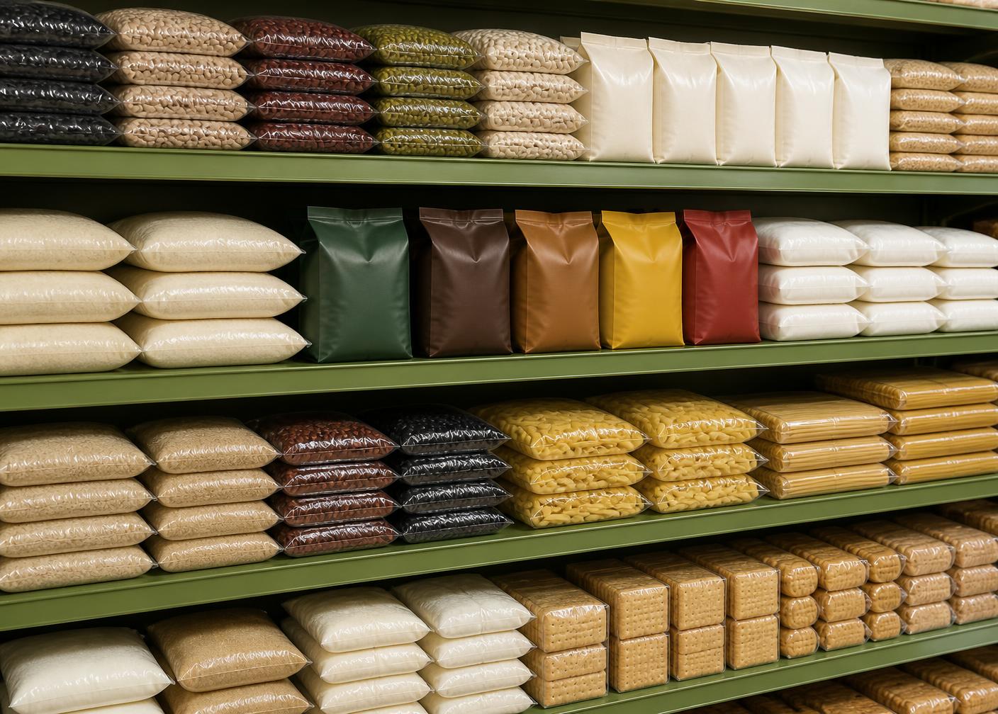 Prateleiras organizadas com alimentos básicos como arroz, feijão, massas e biscoitos